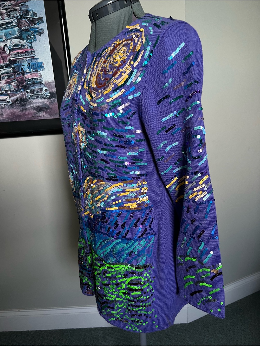 Michael Simon M Van Gogh Starry Night Sweater Cardigan Sequin Art To Wear - Picture 3 of 7